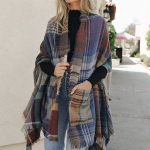 NEW Multicolor Plaid Pocket Ruana Shawl Cover up